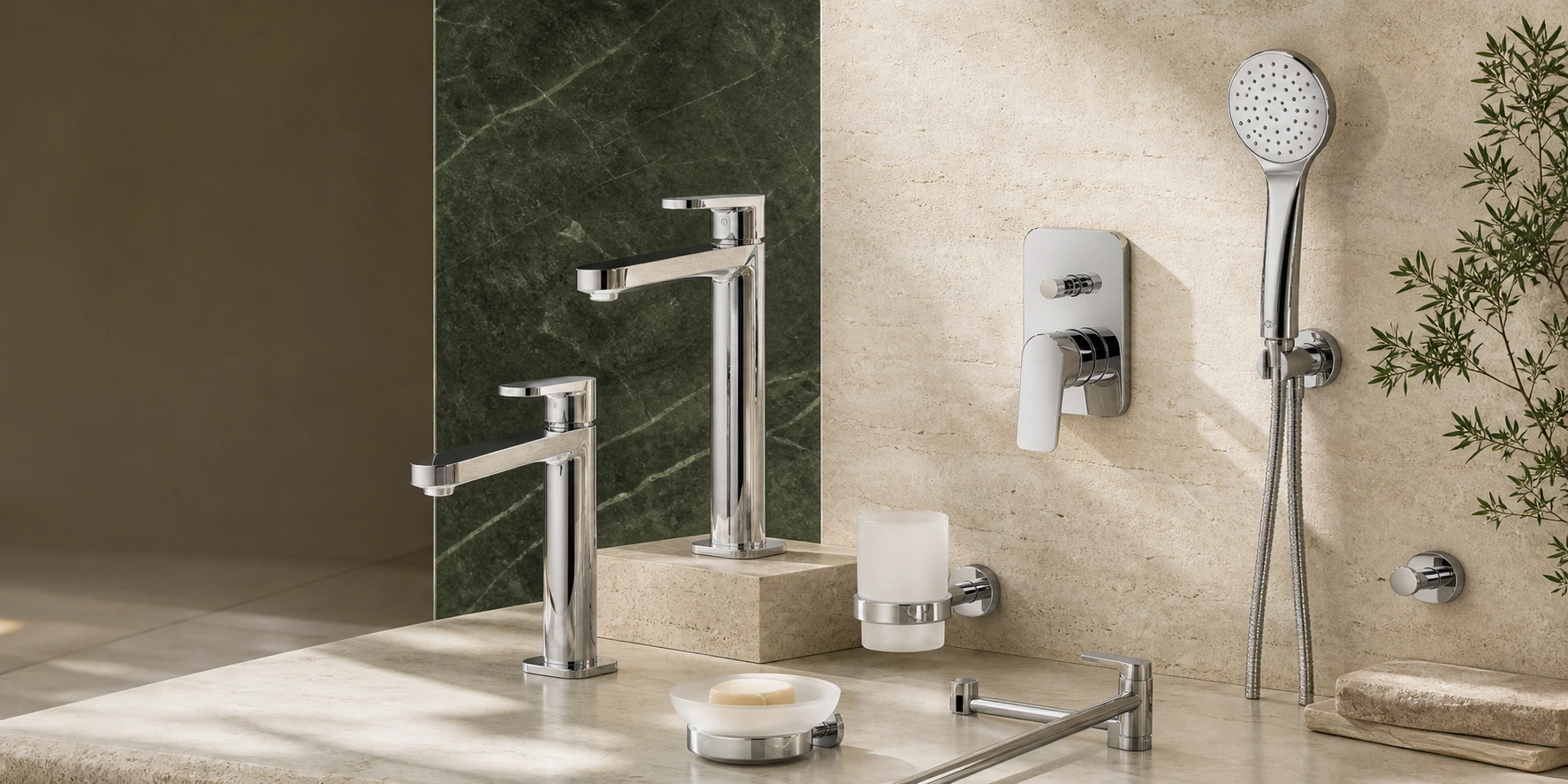 Coordinated chrome GribonHome faucets, shower fittings, and bathroom accessories on ivory and green stone
