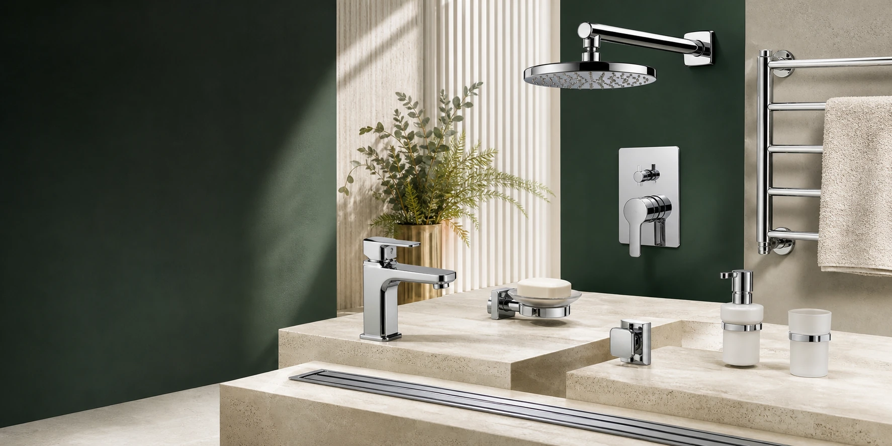 Complete chrome bathroom fittings and drainage collection displayed for residential and commercial projects