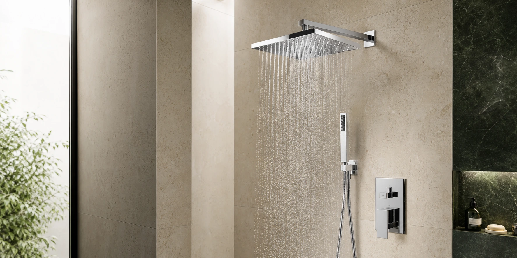 Polished chrome rainfall shower, hand shower, and concealed mixer in warm ivory stone